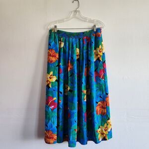 Vintage Tan Jay Skirt Women's 14 Pull on Blue Hawaiian Floral Pleated Pockets